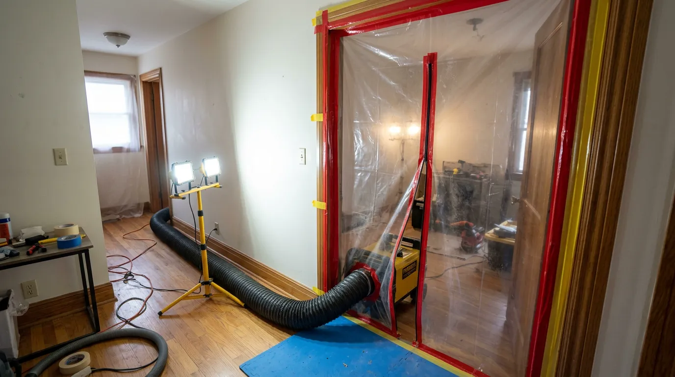 Mold remediation containment with plastic sheeting sealing a doorway and HEPA negative air equipment